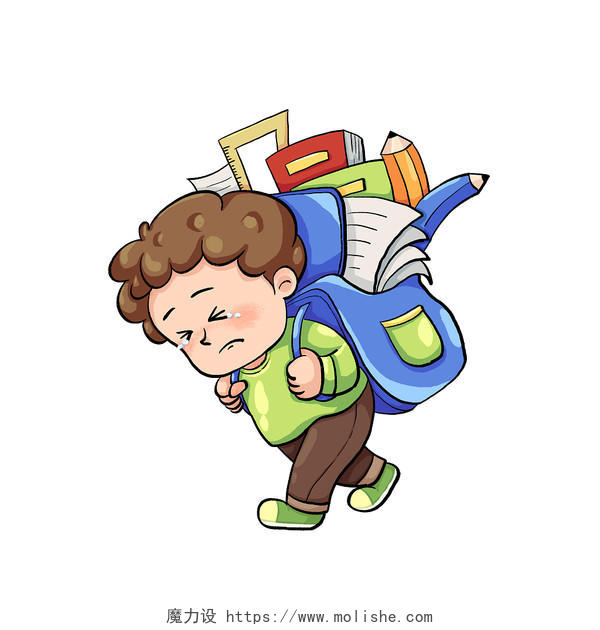 可爱卡通风男孩背着沉重的书包哭泣图卡通压力情绪人物元素